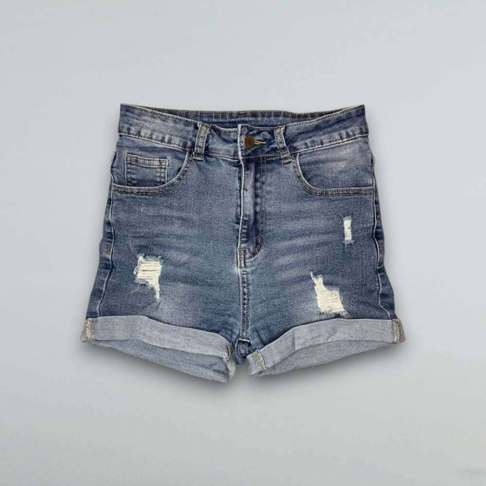 Blue Distressed High Rise Denim Cuffed Shorts Girls Size 14Y